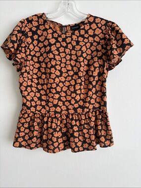 Who What Wear Black Peplum Top with Orange Floral Print